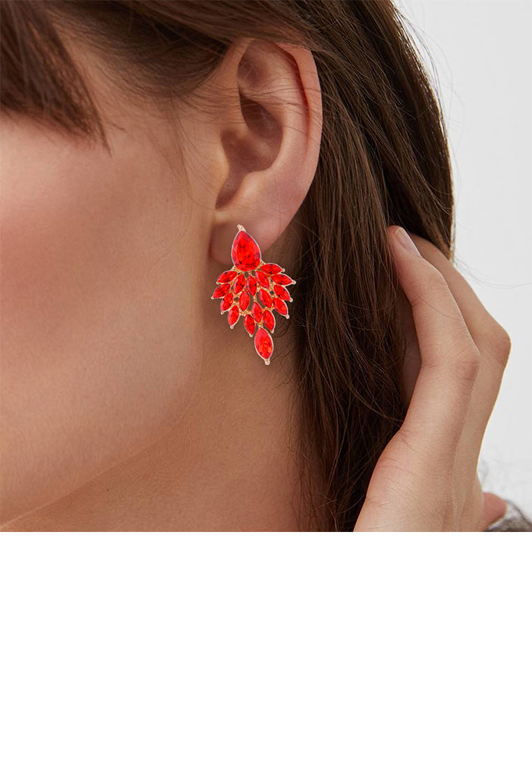 Elegant Brilliant Plated Gold Leaf Earrings with Red Cubic Zirconia - Luxurious Look - Vibrant Color