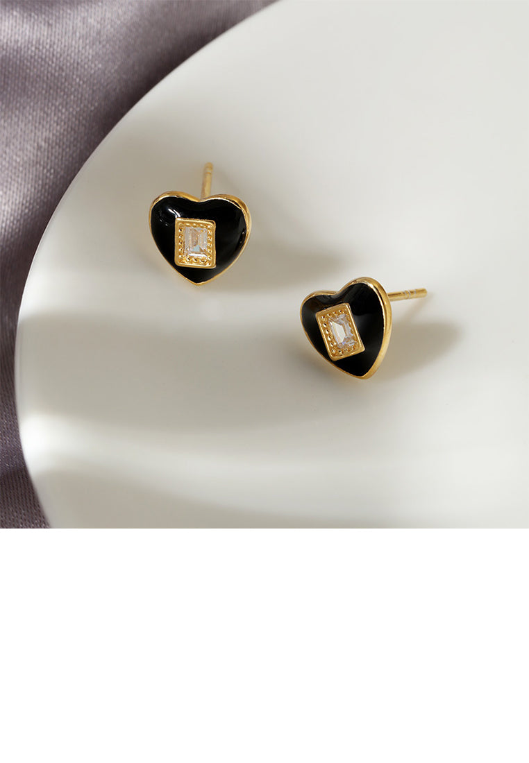 925 Sterling Silver Plated Gold Simple Cute Heart Shape Stud Earrings with Cubic Zirconia - Luxurious Look