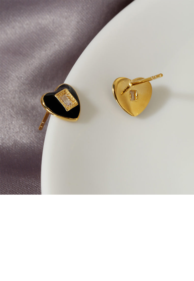 925 Sterling Silver Plated Gold Simple Cute Heart Shape Stud Earrings with Cubic Zirconia - Luxurious Look