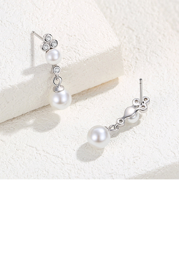925 Sterling Silver Simple and Fashion Round Bead Tassel Imitation Pearl Earrings with Cubic Zirconia - Luxurious Look