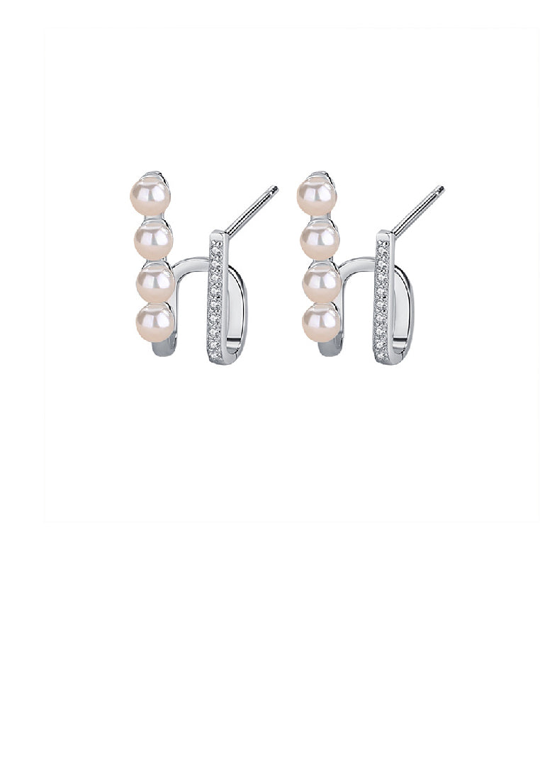 925 Sterling Silver Simple Temperament Double-layer Geometric Imitation Pearl Stud Earrings with Cubic Zirconia - Luxurious Look