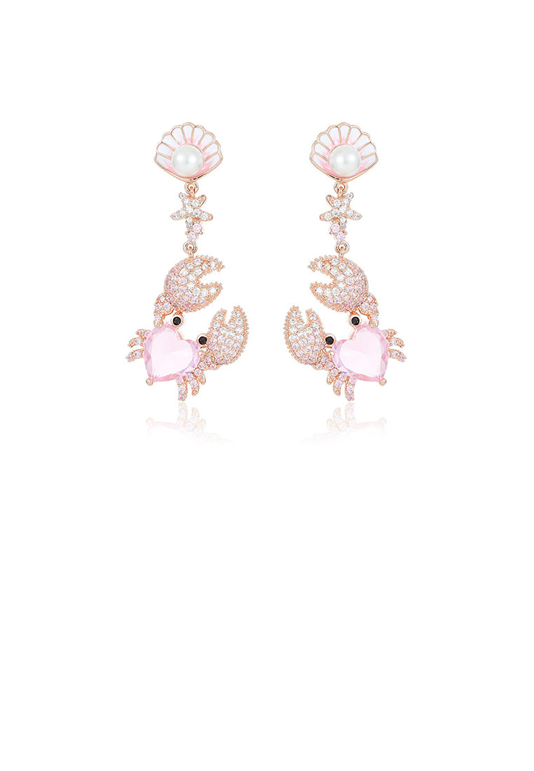 Fashion Brilliant Plated Gold Crab Shell Imitation Pearl Earrings with Pink Cubic Zirconia - Luxurious Look - Vibrant Color