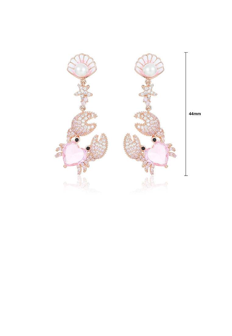 Fashion Brilliant Plated Gold Crab Shell Imitation Pearl Earrings with Pink Cubic Zirconia - Luxurious Look - Vibrant Color