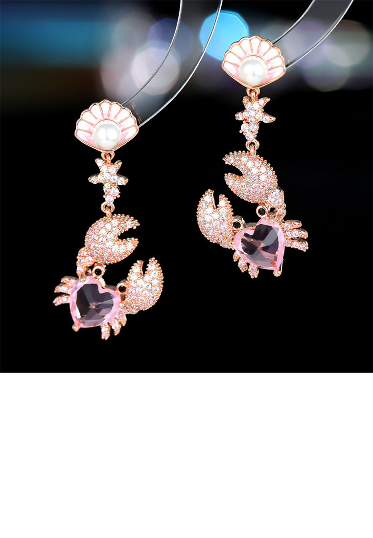 Fashion Brilliant Plated Gold Crab Shell Imitation Pearl Earrings with Pink Cubic Zirconia - Luxurious Look - Vibrant Color