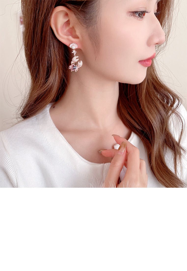 Fashion Brilliant Plated Gold Crab Shell Imitation Pearl Earrings with Pink Cubic Zirconia - Luxurious Look - Vibrant Color