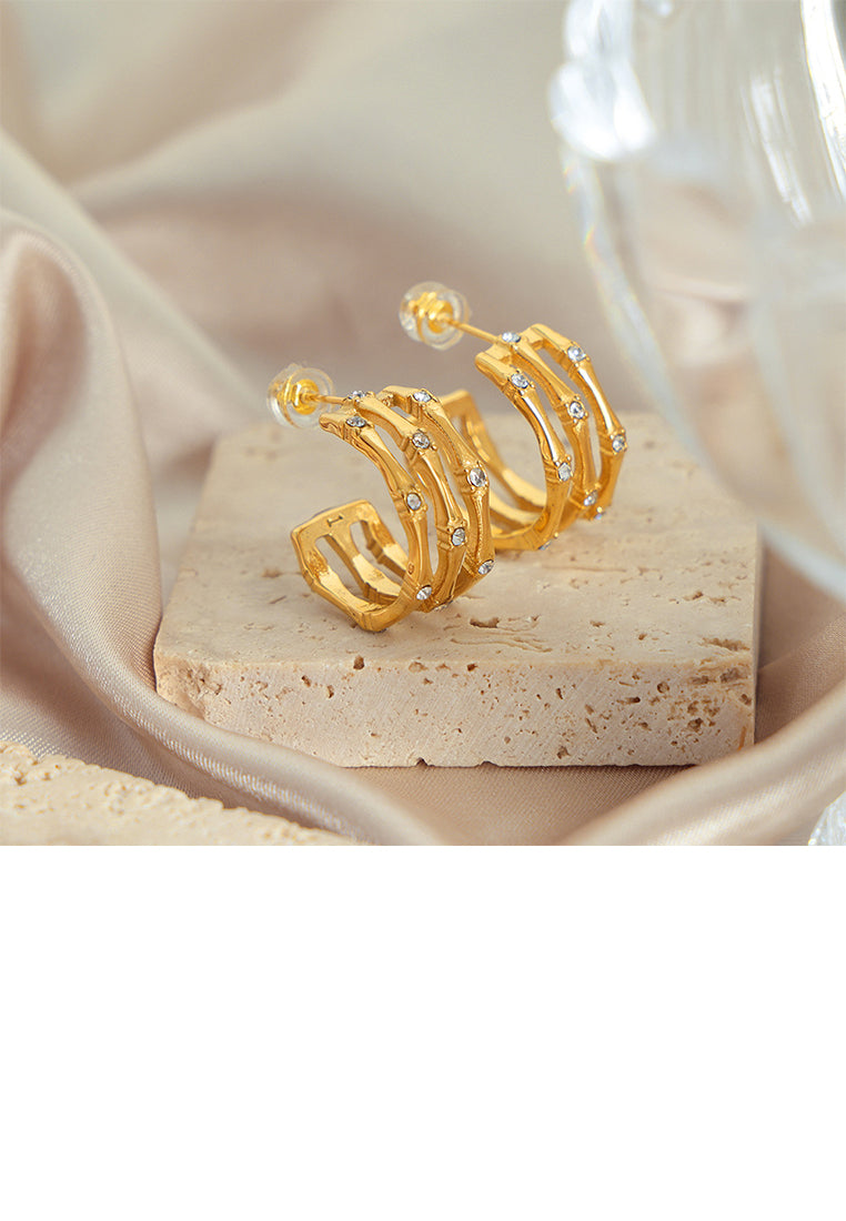 Fashion and Simple Plated Gold 316L Stainless Steel Multi-layer C-shaped Geometric Stud Earrings with Cubic Zirconia - Luxurious Look