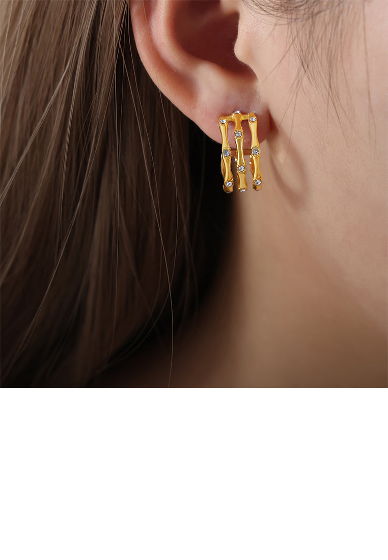 Fashion and Simple Plated Gold 316L Stainless Steel Multi-layer C-shaped Geometric Stud Earrings with Cubic Zirconia - Luxurious Look