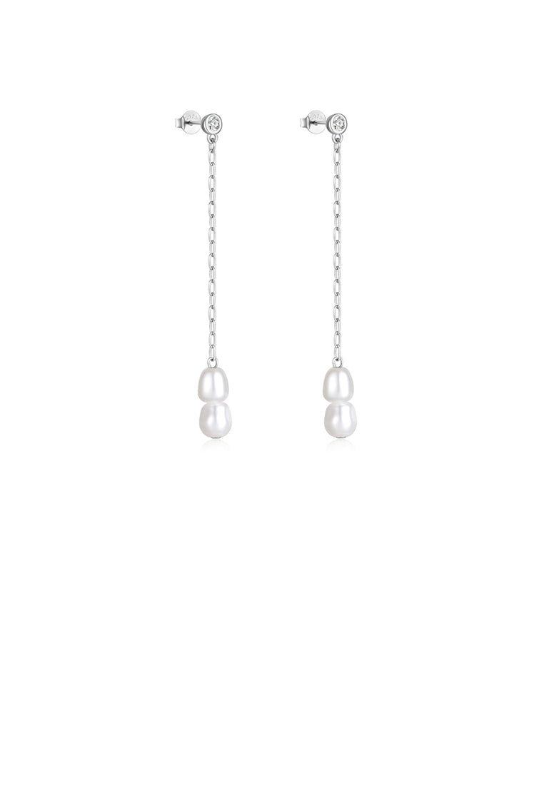 925 Sterling Silver Fashion Elegant Geometric Imitation Pearl Tassel Earrings with Cubic Zirconia - Luxurious Look