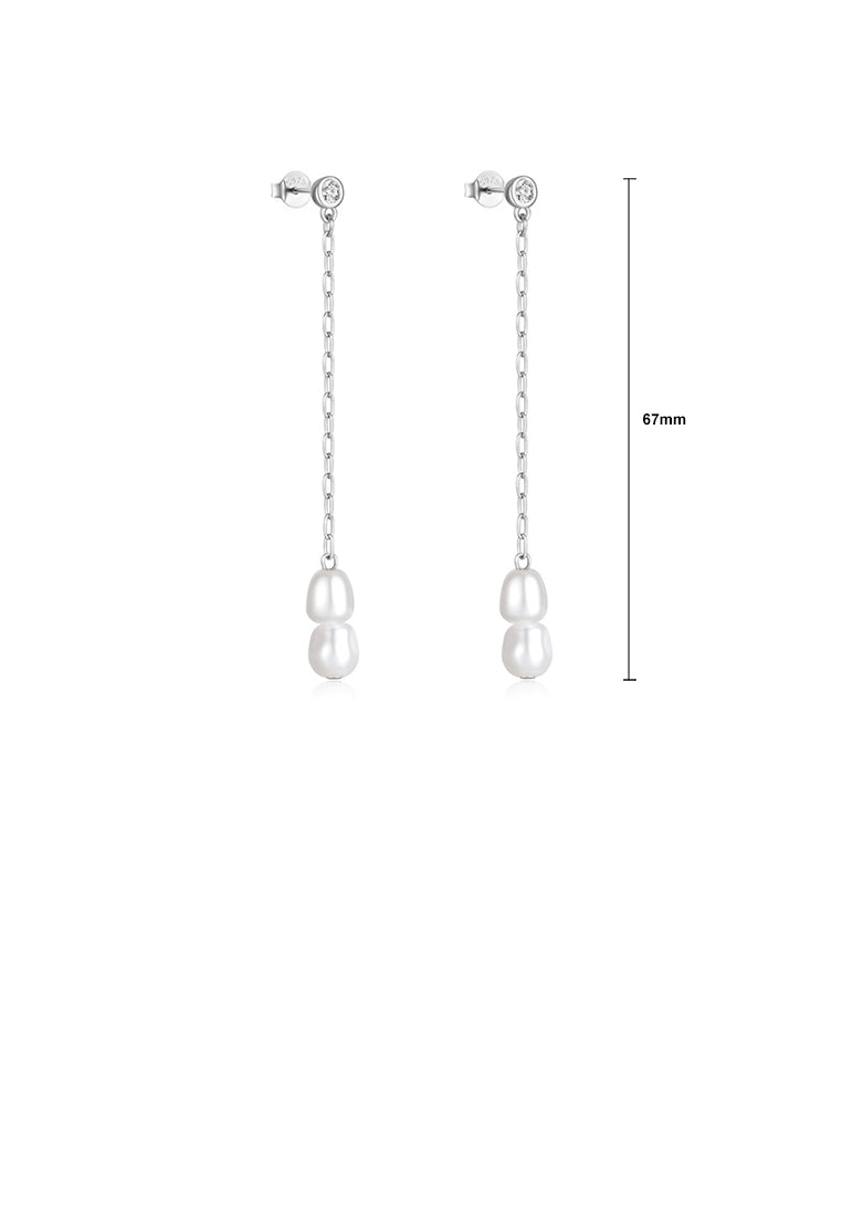 925 Sterling Silver Fashion Elegant Geometric Imitation Pearl Tassel Earrings with Cubic Zirconia - Luxurious Look