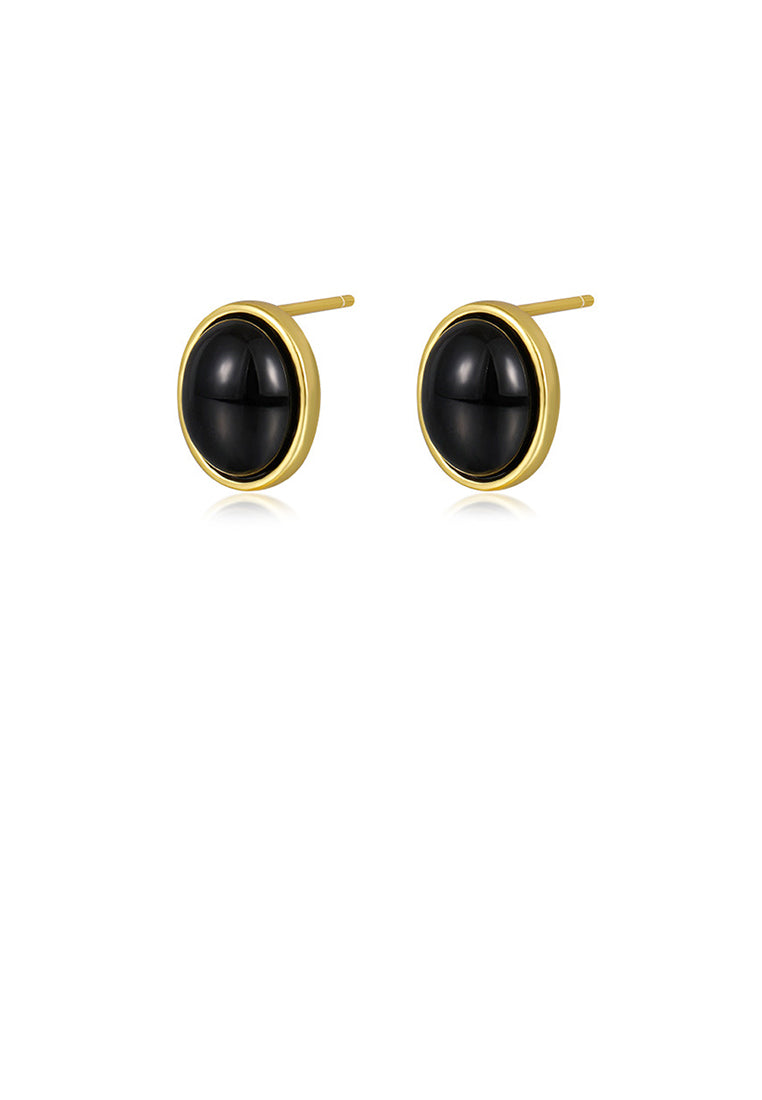 925 Sterling Silver Plated Gold Simple and Fashion Black Imitation Agate Geometric Stud Earrings