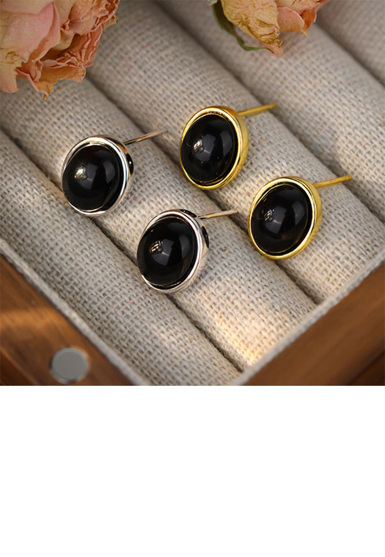 925 Sterling Silver Plated Gold Simple and Fashion Black Imitation Agate Geometric Stud Earrings