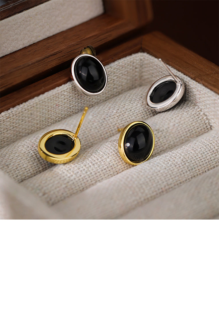 925 Sterling Silver Plated Gold Simple and Fashion Black Imitation Agate Geometric Stud Earrings
