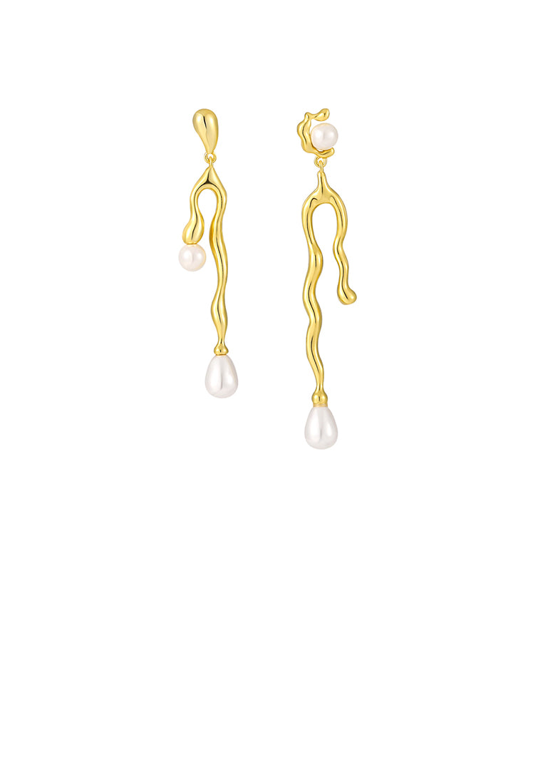 925 Sterling Silver Plated Gold Fashion Personality Irregular Line Geometric Asymmetrical Earrings with Imitation Pearls