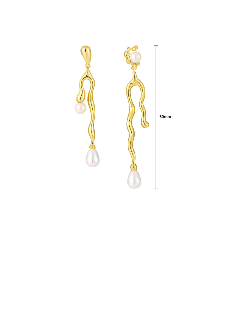 925 Sterling Silver Plated Gold Fashion Personality Irregular Line Geometric Asymmetrical Earrings with Imitation Pearls