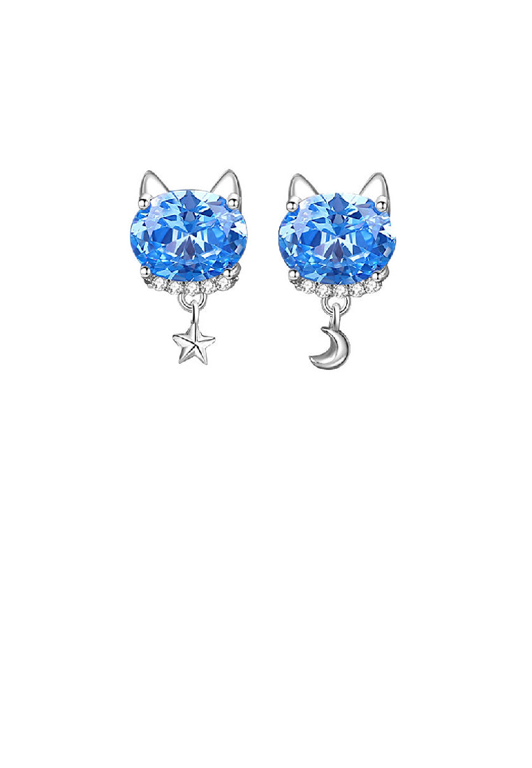 925 Sterling Silver Simple and Cute Cat Stud Earrings with Blue Cubic Zirconia - Luxurious Look