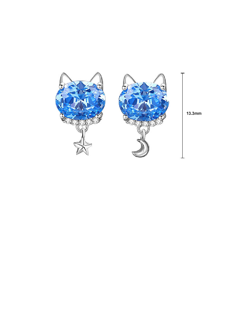 925 Sterling Silver Simple and Cute Cat Stud Earrings with Blue Cubic Zirconia - Luxurious Look