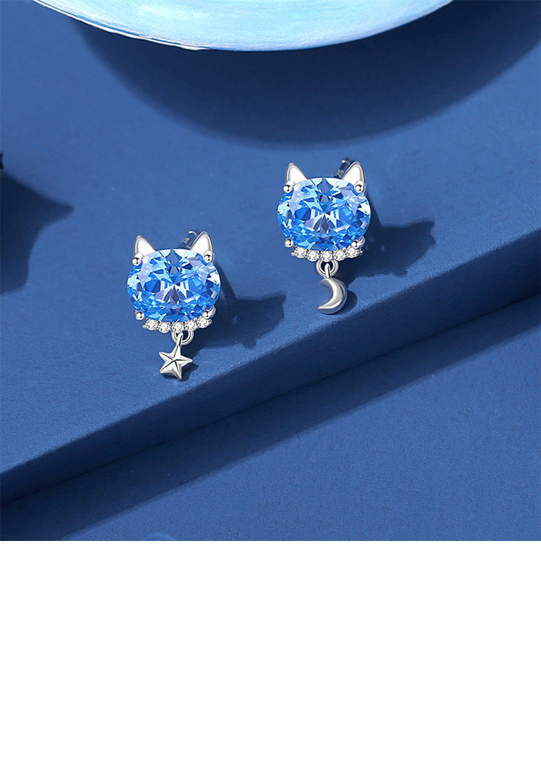 925 Sterling Silver Simple and Cute Cat Stud Earrings with Blue Cubic Zirconia - Luxurious Look