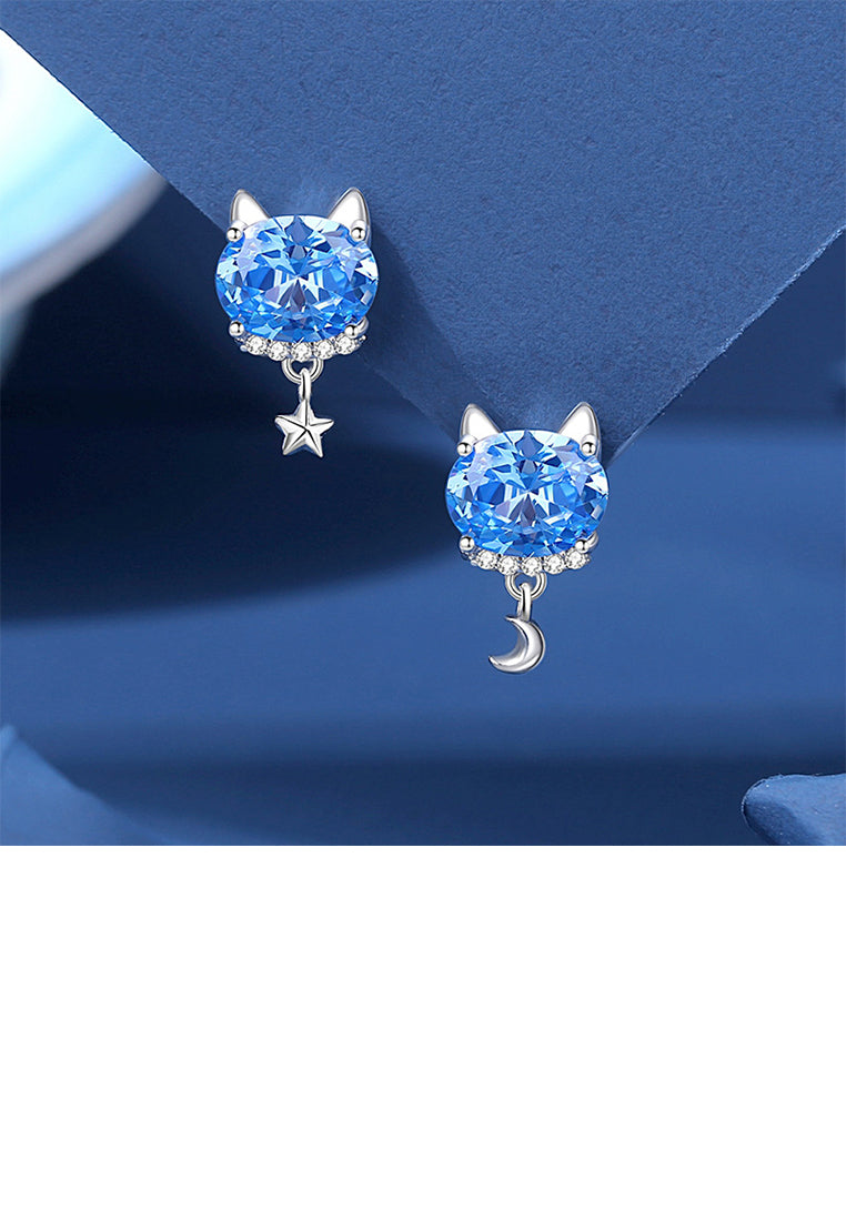 925 Sterling Silver Simple and Cute Cat Stud Earrings with Blue Cubic Zirconia - Luxurious Look
