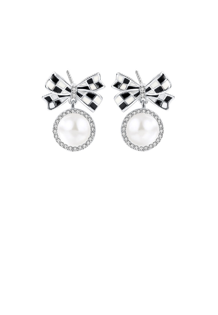 925 Sterling Silver Elegant Sweet Checkerboard Ribbon Freshwater Pearl Stud Earrings with Cubic Zirconia - Luxurious Look