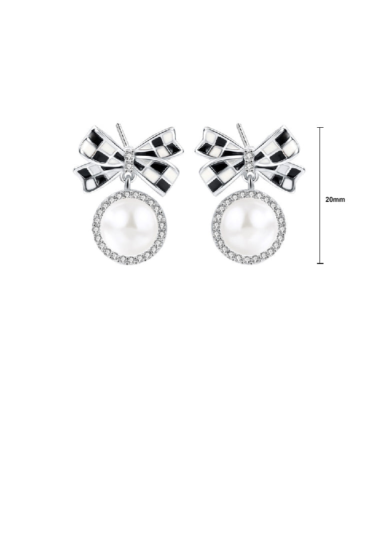 925 Sterling Silver Elegant Sweet Checkerboard Ribbon Freshwater Pearl Stud Earrings with Cubic Zirconia - Luxurious Look