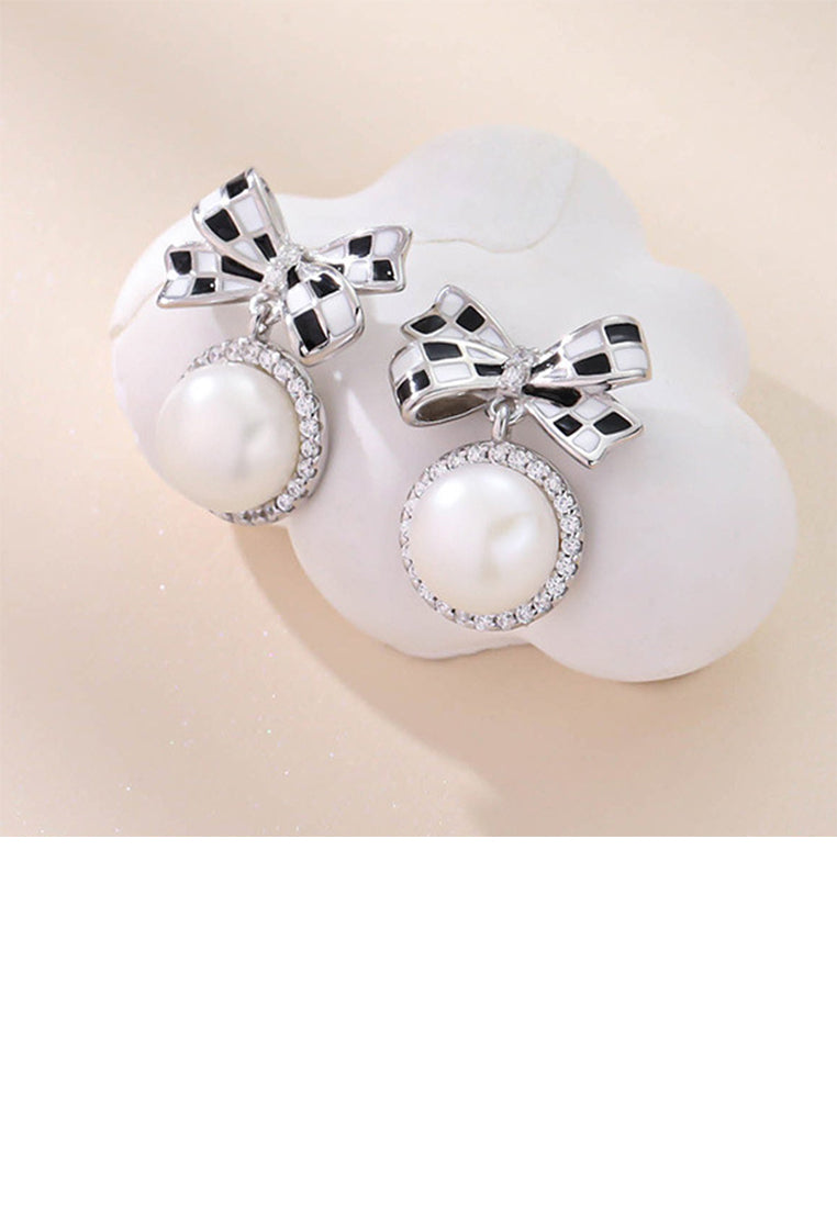 925 Sterling Silver Elegant Sweet Checkerboard Ribbon Freshwater Pearl Stud Earrings with Cubic Zirconia - Luxurious Look