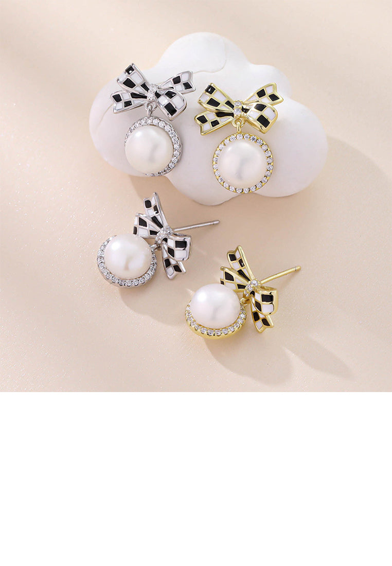 925 Sterling Silver Elegant Sweet Checkerboard Ribbon Freshwater Pearl Stud Earrings with Cubic Zirconia - Luxurious Look