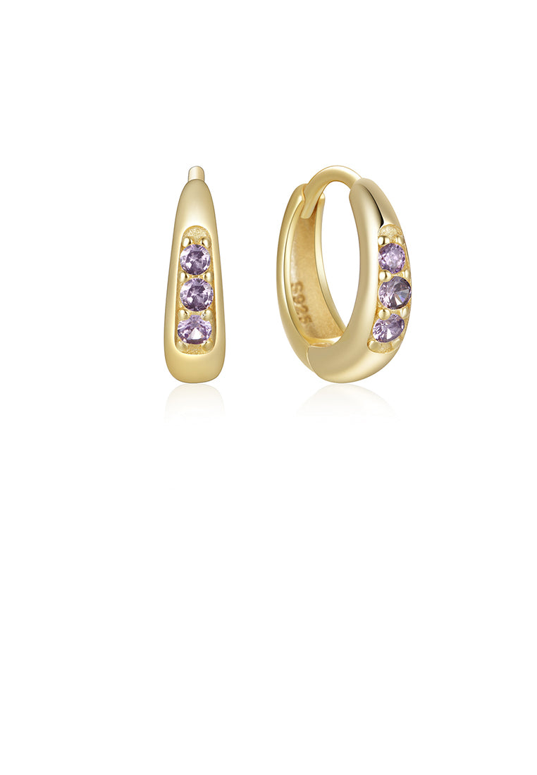 925 Sterling Silver Plated Gold Simple Fashion Geometric Hoop Earrings with Purple Cubic Zirconia - Luxurious Look