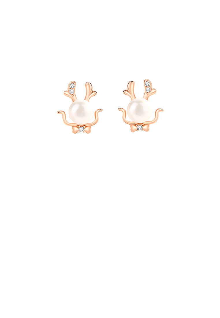 925 Sterling Silver Plated Rose Gold Simple Cute Dragon Imitation Pearl Stud Earrings with Cubic Zirconia - Luxurious Look