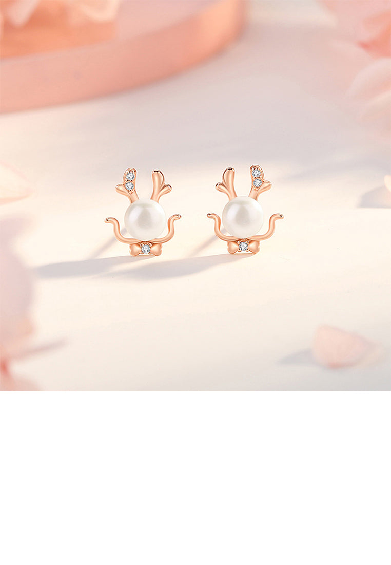 925 Sterling Silver Plated Rose Gold Simple Cute Dragon Imitation Pearl Stud Earrings with Cubic Zirconia - Luxurious Look