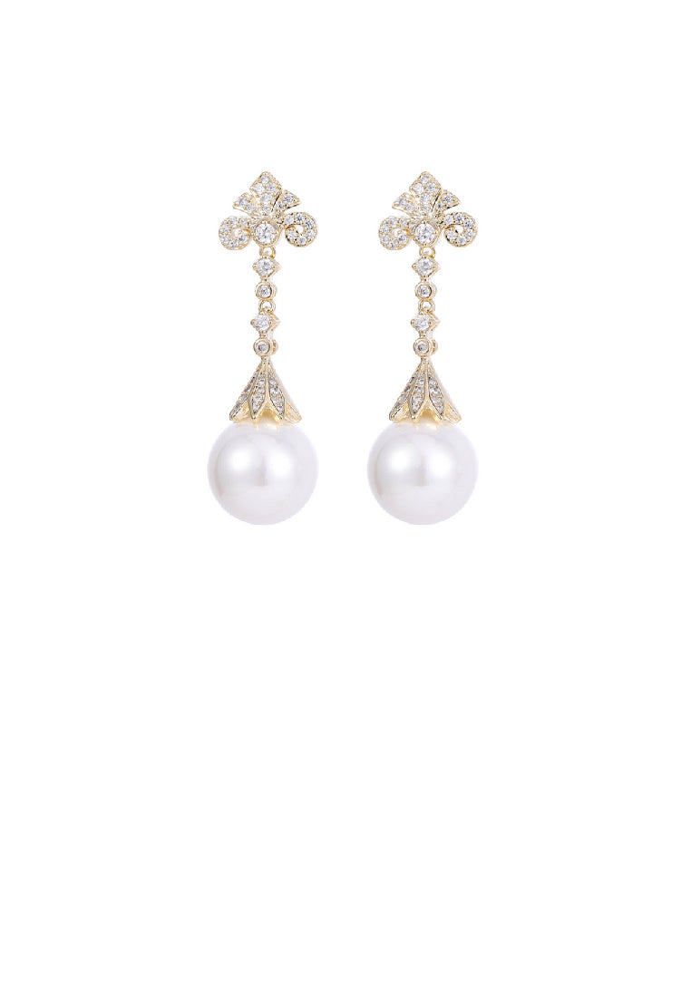 Simple and Elegant Plated Gold Pattern Long Geometric Imitation Pearl Earrings with Cubic Zirconia - Luxurious Look