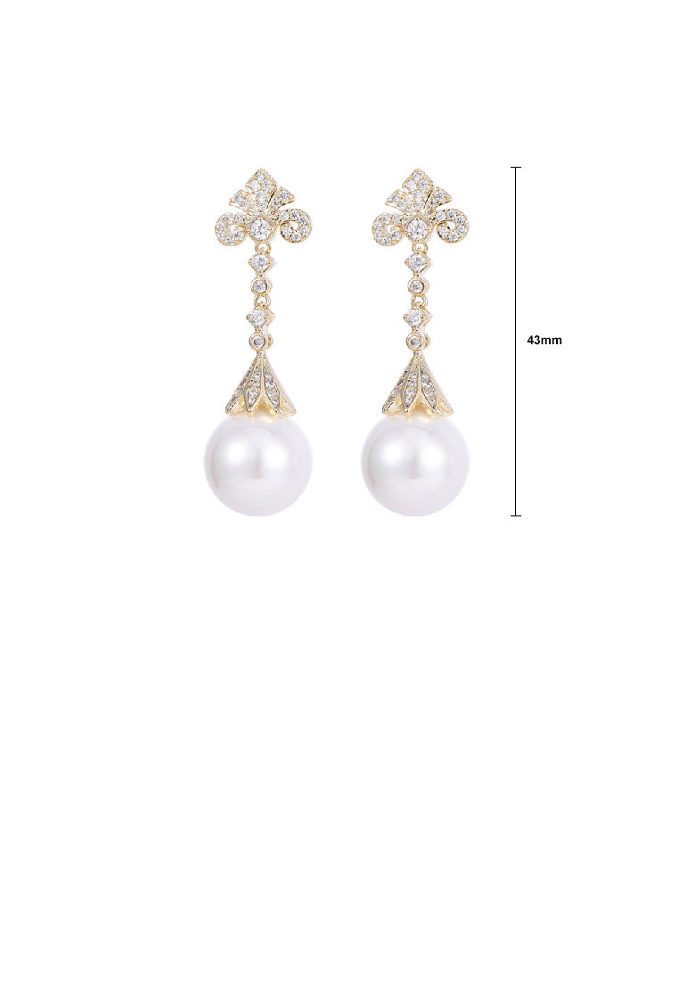 Simple and Elegant Plated Gold Pattern Long Geometric Imitation Pearl Earrings with Cubic Zirconia - Luxurious Look
