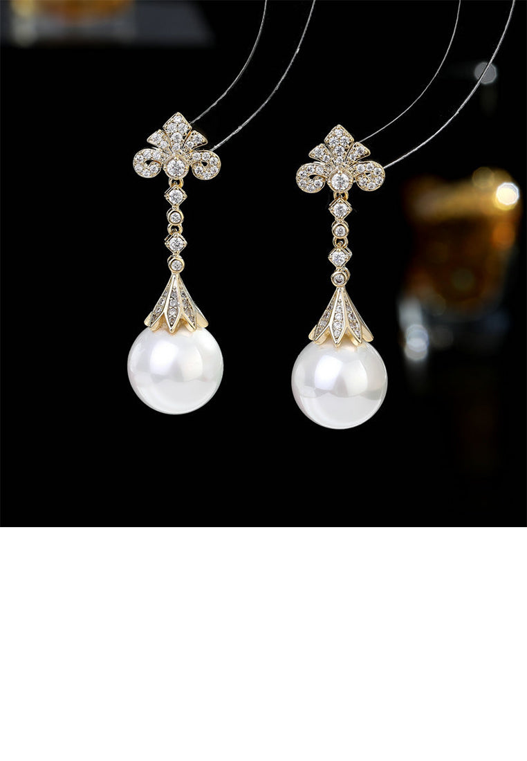 Simple and Elegant Plated Gold Pattern Long Geometric Imitation Pearl Earrings with Cubic Zirconia - Luxurious Look