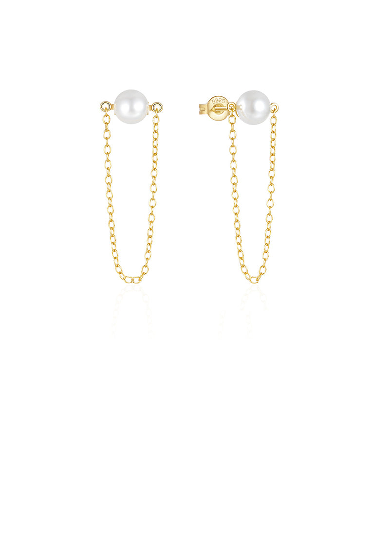 925 Sterling Silver Plated Gold Simple and Elegant Geometric Imitation Pearl Tassel Stud Earrings - Luxurious Look