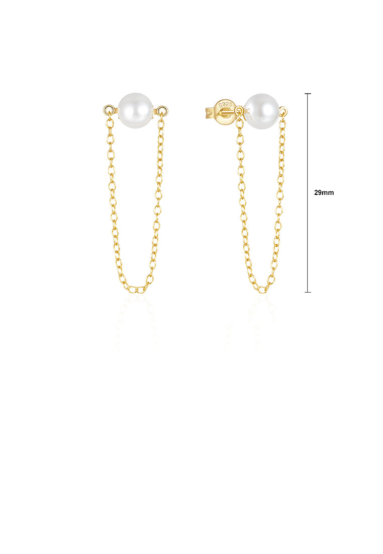925 Sterling Silver Plated Gold Simple and Elegant Geometric Imitation Pearl Tassel Stud Earrings - Luxurious Look