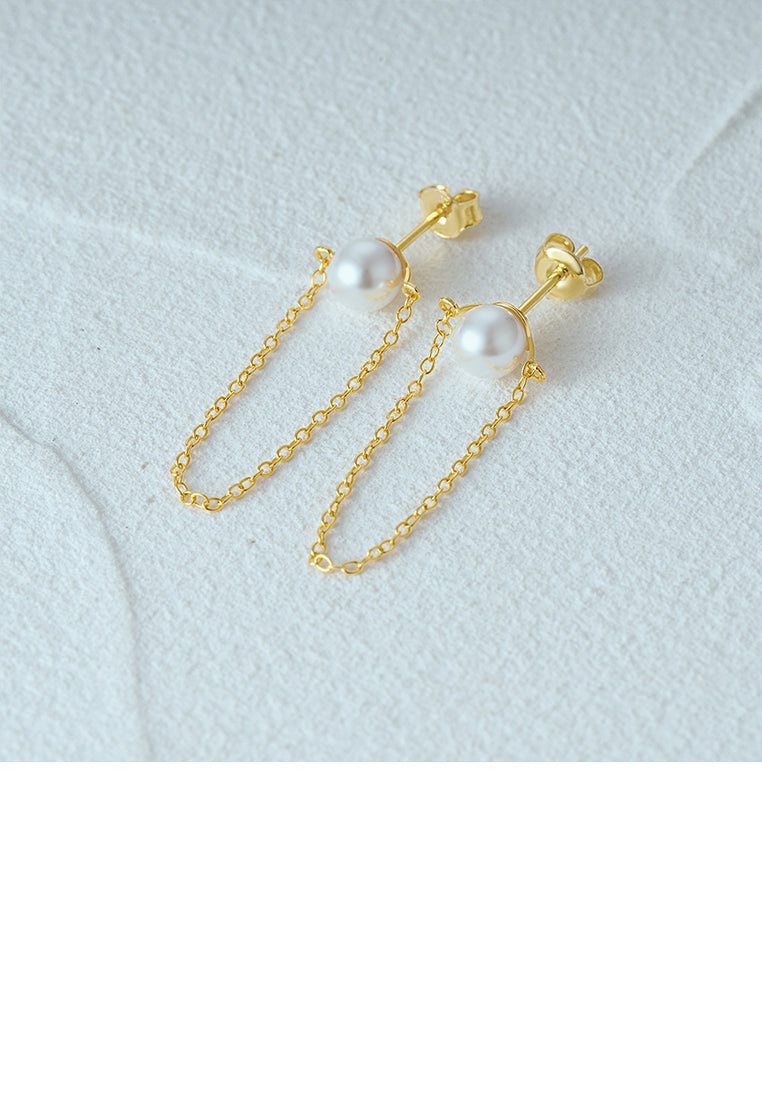 925 Sterling Silver Plated Gold Simple and Elegant Geometric Imitation Pearl Tassel Stud Earrings - Luxurious Look