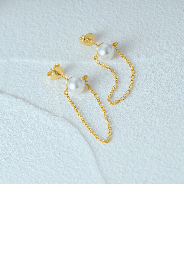 925 Sterling Silver Plated Gold Simple and Elegant Geometric Imitation Pearl Tassel Stud Earrings - Luxurious Look