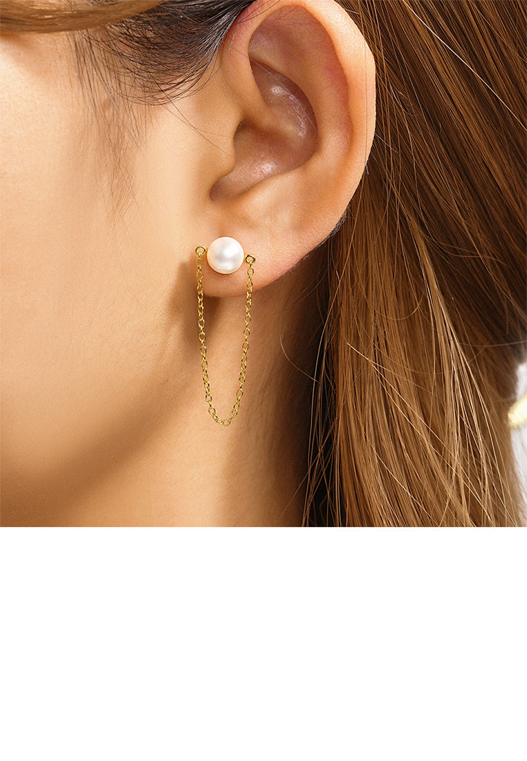 925 Sterling Silver Plated Gold Simple and Elegant Geometric Imitation Pearl Tassel Stud Earrings - Luxurious Look