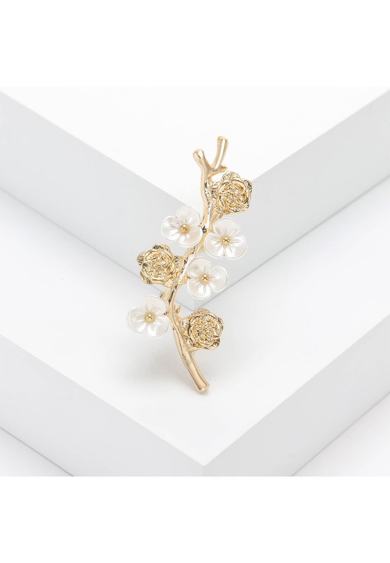 Fashion and Simple Plated Gold Branch Flower Imitation Pearl Brooch with Cubic Zirconia - Luxurious Look