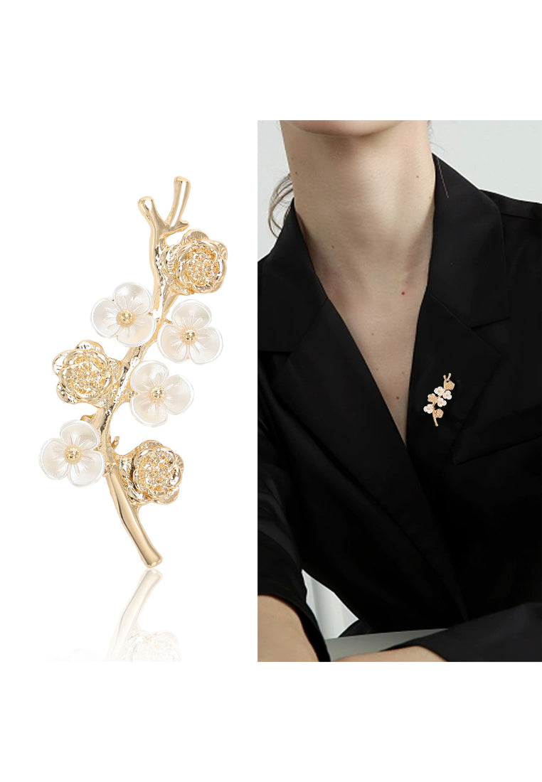 Fashion and Simple Plated Gold Branch Flower Imitation Pearl Brooch with Cubic Zirconia - Luxurious Look