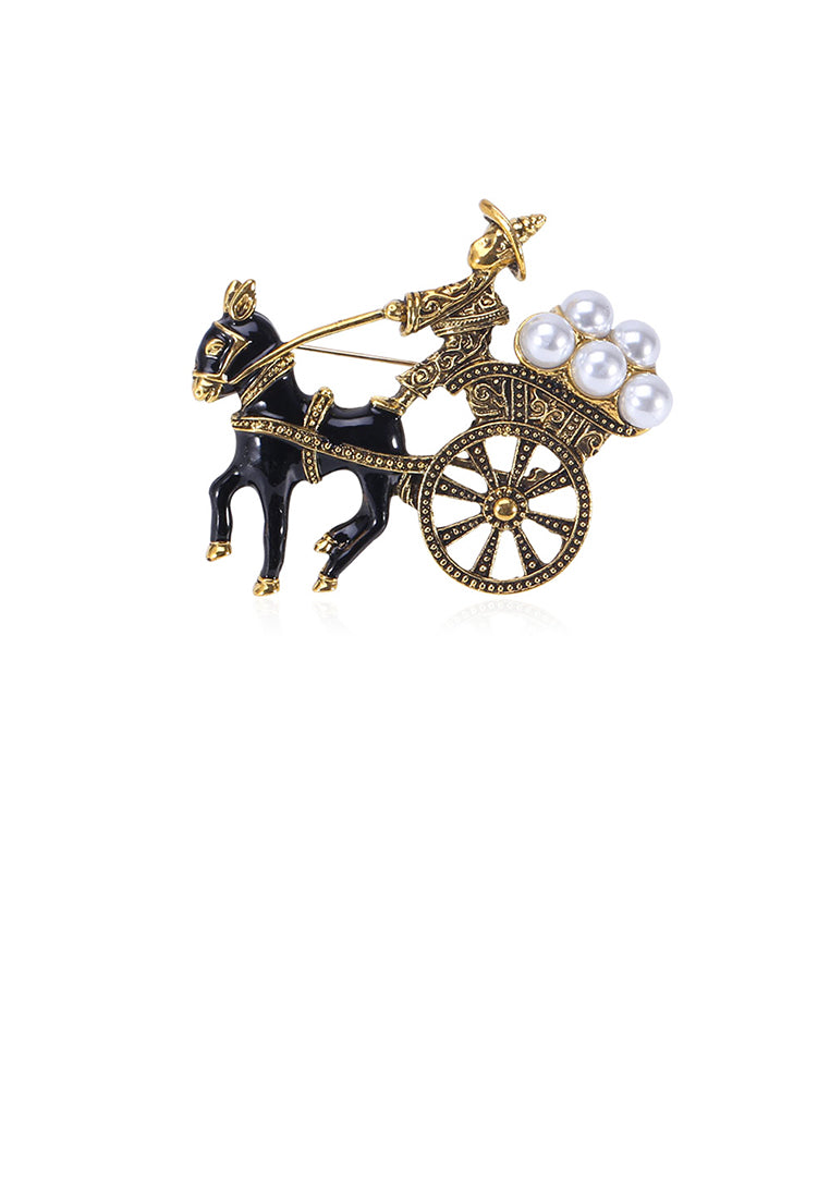 Simple Vintage Plated Gold Donkey Pull Cart Brooch with Imitation Pearls