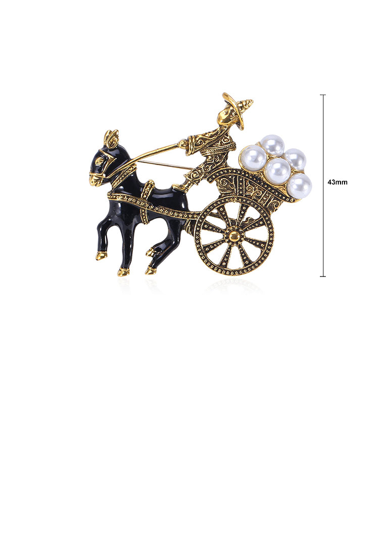 Simple Vintage Plated Gold Donkey Pull Cart Brooch with Imitation Pearls