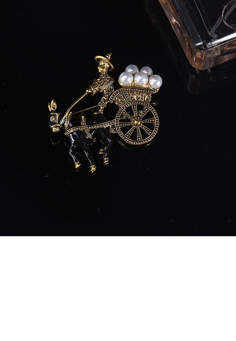 Simple Vintage Plated Gold Donkey Pull Cart Brooch with Imitation Pearls