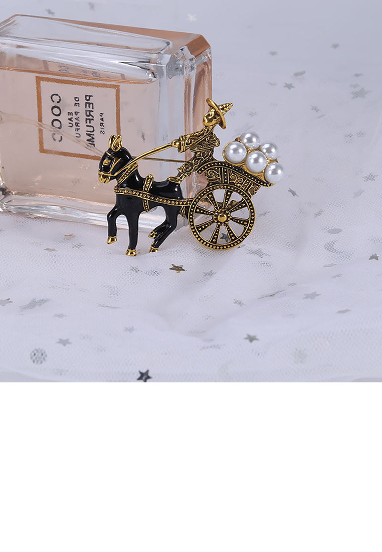 Simple Vintage Plated Gold Donkey Pull Cart Brooch with Imitation Pearls