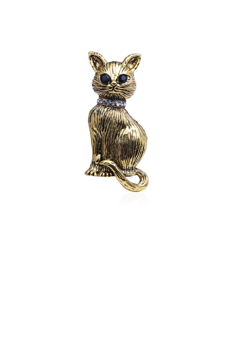 Simple and Cute Plated Gold Cat Brooch with Cubic Zirconia - Luxurious Look