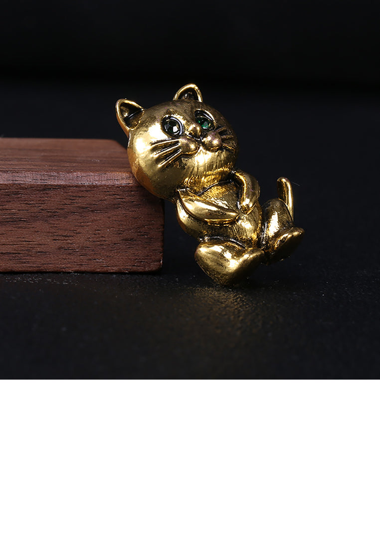 Simple and Cute Plated Gold Cat Brooch with Cubic Zirconia - Luxurious Look