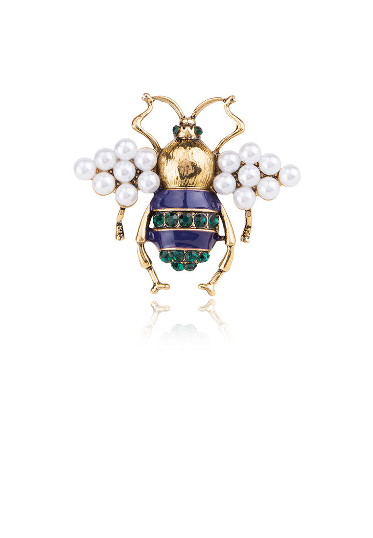 Fashion and Lovely Plated Gold Bee Imitation Pearl Brooch with Green Cubic Zirconia - Luxurious Look