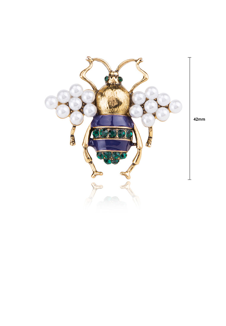 Fashion and Lovely Plated Gold Bee Imitation Pearl Brooch with Green Cubic Zirconia - Luxurious Look