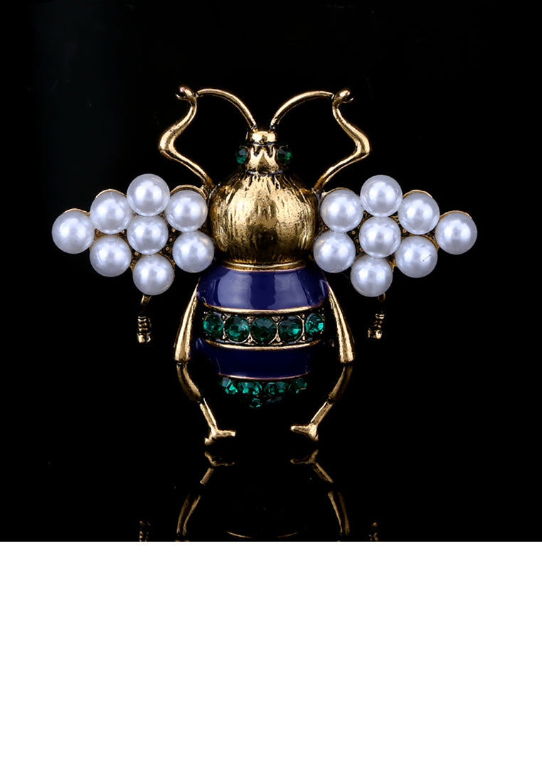 Fashion and Lovely Plated Gold Bee Imitation Pearl Brooch with Green Cubic Zirconia - Luxurious Look