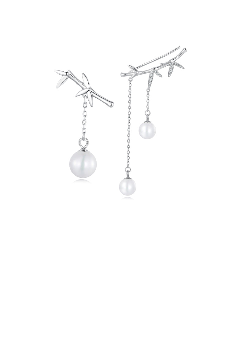 925 Sterling Silver Fashion Elegant Bamboo Tassel Imitation Pearl Earrings with Cubic Zirconia - Luxurious Look
