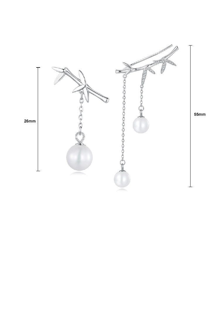925 Sterling Silver Fashion Elegant Bamboo Tassel Imitation Pearl Earrings with Cubic Zirconia - Luxurious Look